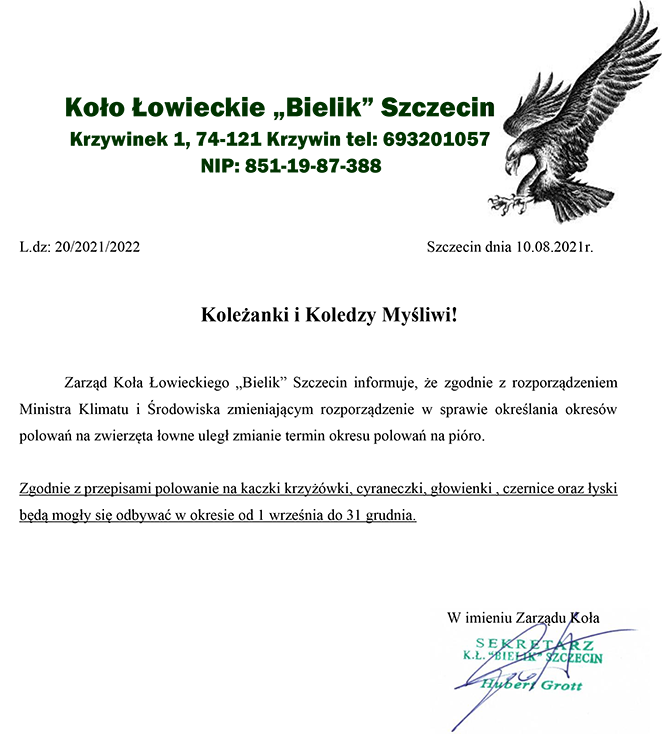 Zmiana terminu polowan na pioro