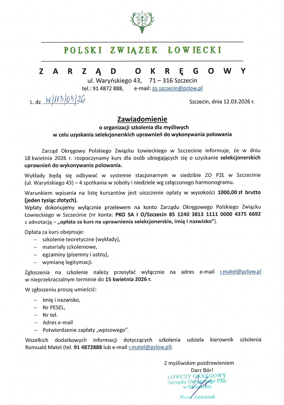 Szkolenie dla selekcjonerów 2026   zawiadomienie